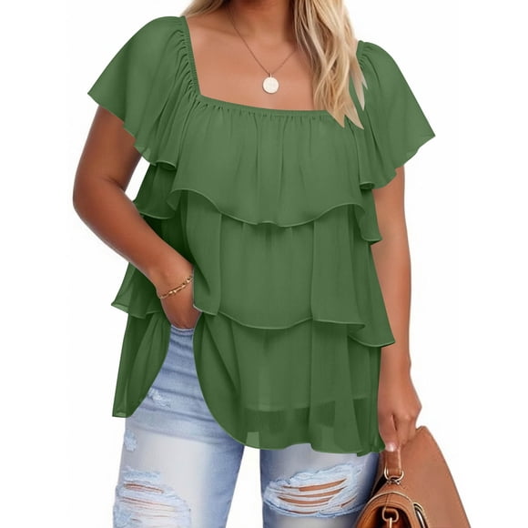 Craaazy Women's Plus Size Tops Solid Color Square Neck Tiered Ruffle Short Sleeve Loose Fit Casual Daily Wear