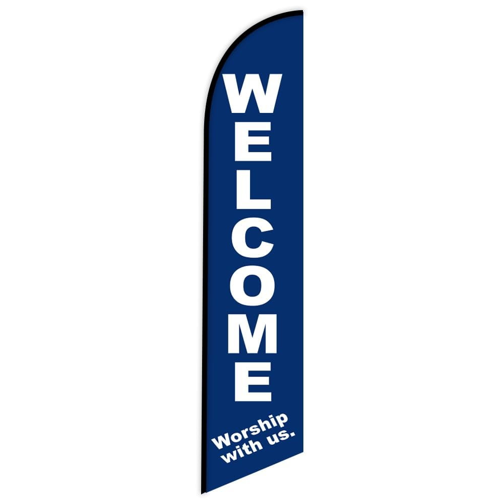 2 FFN - "Welcome Worship With Us" & "You're Invited" 15' FT Feather  Flag Pole Kit and Ground Spike