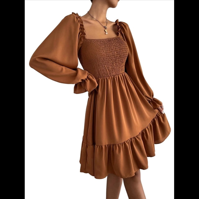 Vestido Mini de Fiesta Fluido con Escote Cuadrado, Larga, Volantes y Farol para Mujer Marrón XL
