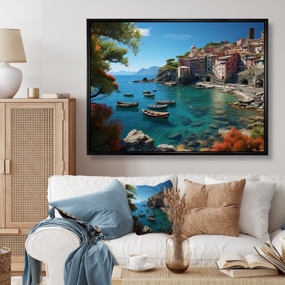 Designart "Blue Italy Cinque Terre II" Cityscapes Floater Framed Wall Decor