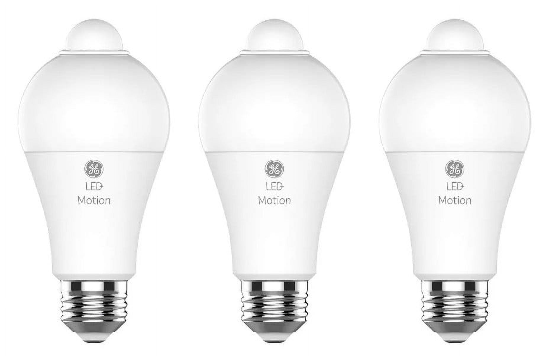 (3 bulbs) GE LED+ Motion Sensing LED Light Bulb, 12 watts, 1100 lumens, 75 watt replacement, warm white, lights automatically when motion is detected, LED A21 Light Bulb