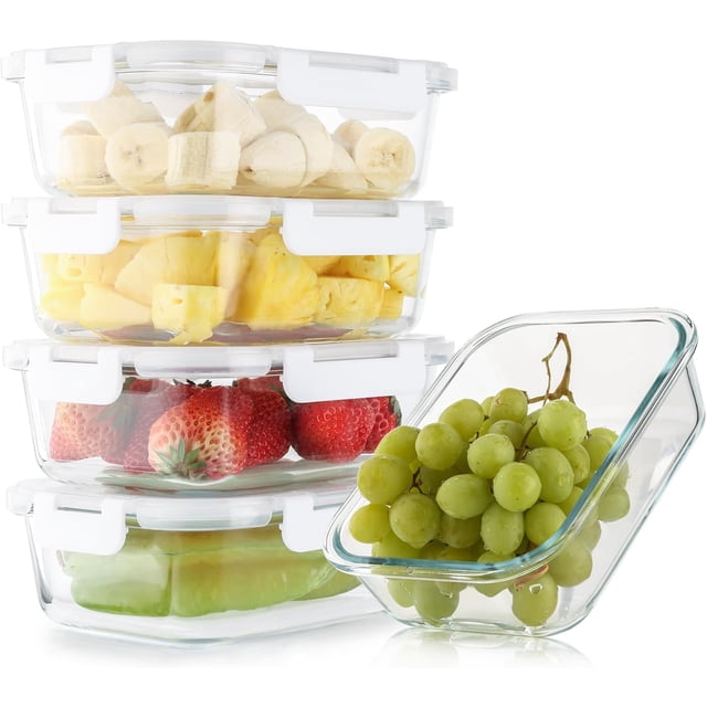 Lot de 5 Contenants de Préparation de Repas en Verre de 36 Oz avec Couvercles, Contenants de Conservation des Aliments Réutilisables en Verre avec Couvercles, Étanches, Compatibles Micro-Ondes, Four, Congélateur et Lave-Vaisselle (Blanc)