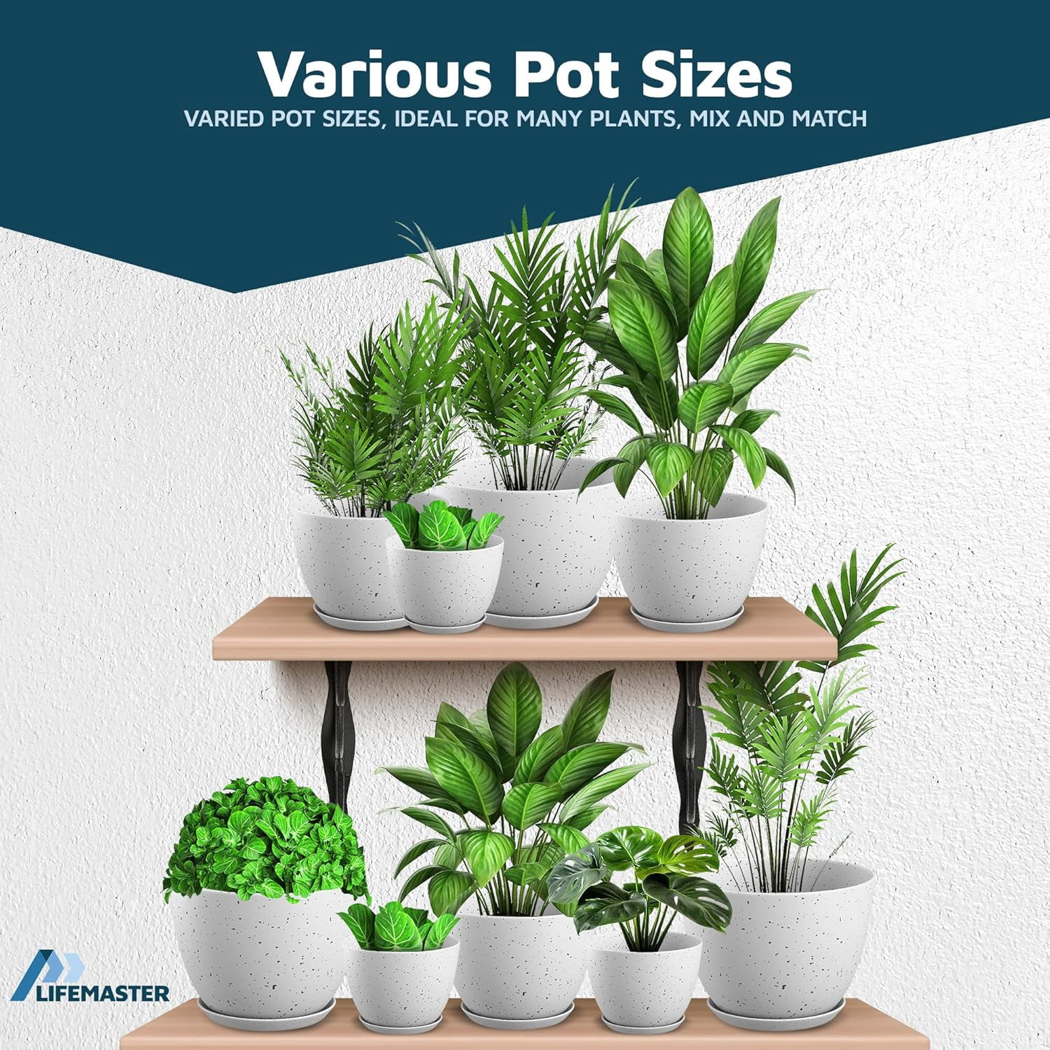 White+Surface Gray Plant Pots with Drainage Holes & Saucers 15 Packs, Indoor & Outdoor Stackable Plastic Planters in Multiple Sizes for Houseplants & Flowers, Durable & Weatherproof Materials