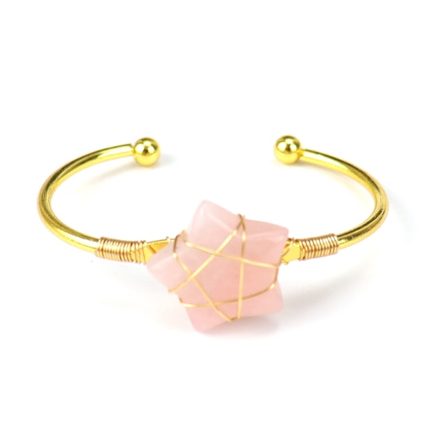 Xiao Hua Pulsera de cuentas hecha a mano, adecuada para hombres y mujeres, pulsera abierta de estrella de cinco puntas de piedra natural enrollada a mano (rosa + oro)