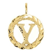 14k Yellow Gold Round Wreath Initial Letter 'Y' Pendant
