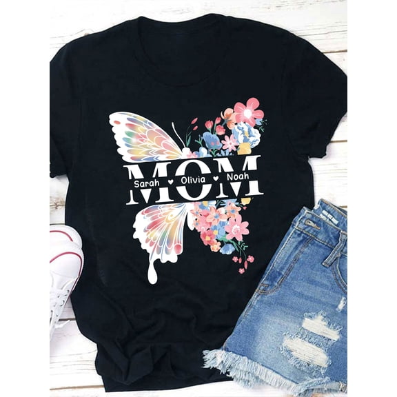 Personalized Mom Butterfly Floral T-Shirt Custom Names Mother's Day Gift Women's Short Sleeve Tee Retro Cute Graphic Top