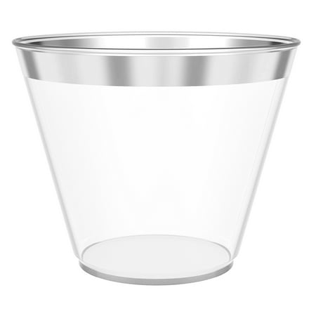 JL Prime 100 Silver Plastic Cups, 9 Oz Heavy Duty Reusable Disposable Silver Rim Clear Plastic Cups, Old Fashioned Tumblers, Hard Plastic Drinking Cups for Party and