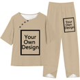 thumbnail image 3 of Women's 2-Piece Short Sleeve Button Solid T-Shirt Top and Long Pants Outfit - Polyester Spandex, Casual Summer Style, 3 of 6
