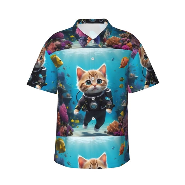 Balery Underwater Diving Cat Camisas hawaianas de manga corta para hombre, camisas playeras de corte holgado, camisas de vacaciones con botones,X-Large