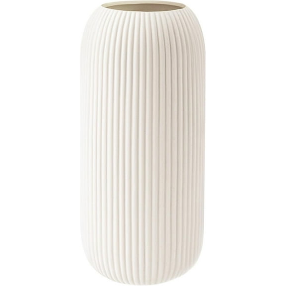 White Ceramic Vase for Flowers, Tall Home Decor Vase with Ribbed Texture, Vases for Centerpieces, Farmhouse Decor, Living Room, Christmas Decor Bedroom, Table, and Kitchen Shelf (10.2 in)