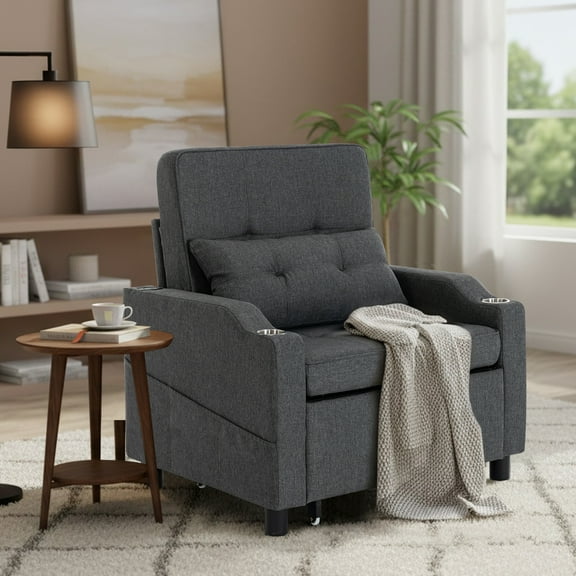 Futon Sofa Bed 4-in-1 Multi-Function Folding Chair & Single Sofa Bed ,Small Couch Bed with USB Portfor Adult Sleeping Chair for Living Room & Small Space，CHARCOAL