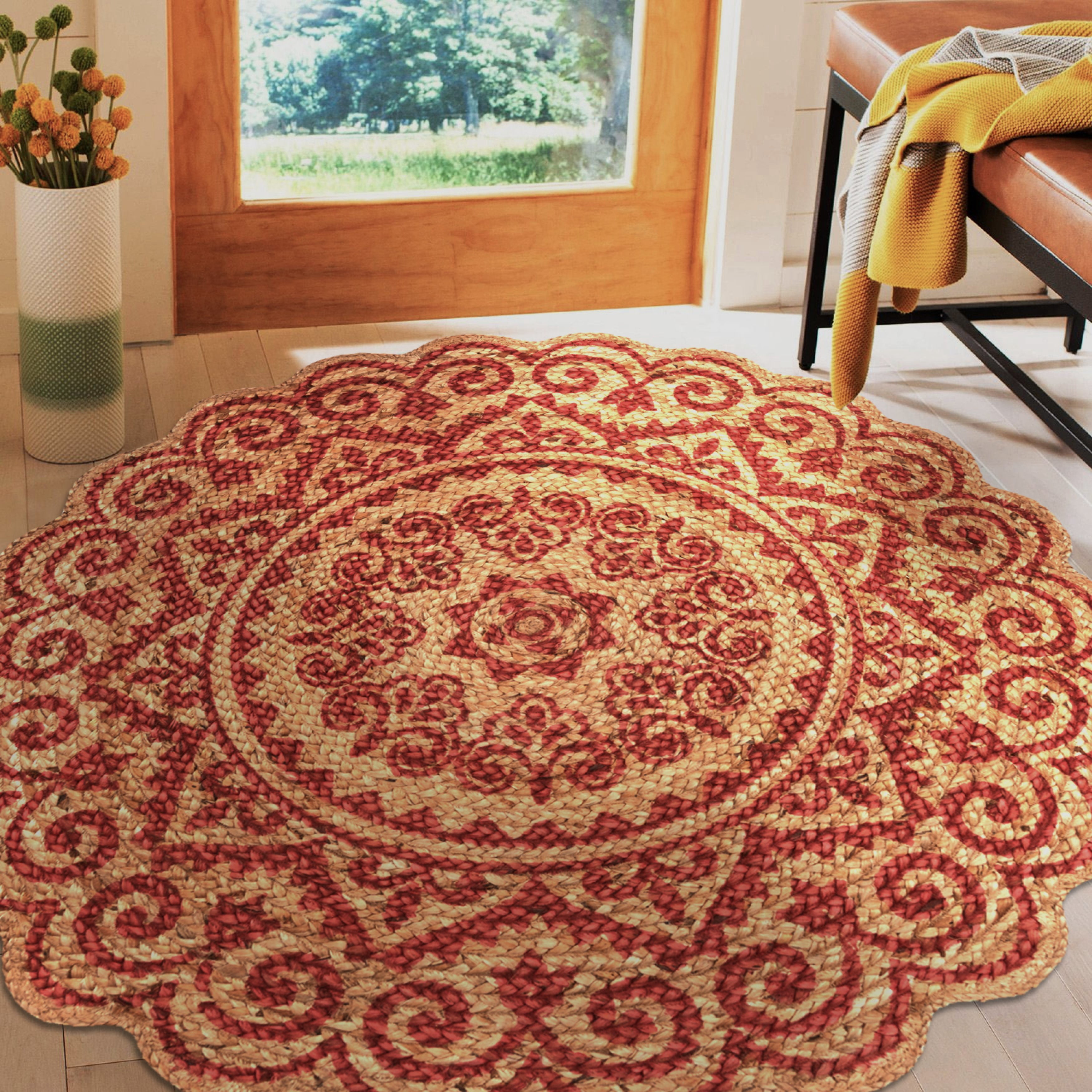 LR Home Synergy Medallion Mandala Jute Area Rug, Tan / Red, 4' Round