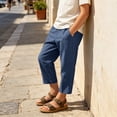 thumbnail image 4 of Kids Linen Cropped Pants Elastic Waist Breathable Thin Ankle Trousers, Summer Casual Bottoms Navy Kids Casual Trousers 130, 4 of 9