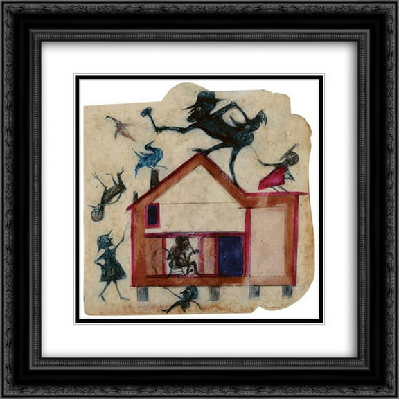 Bill Traylor 2x Matted 20x20 Black Ornate Framed Art Print 'Untitled (Exciting Event)'