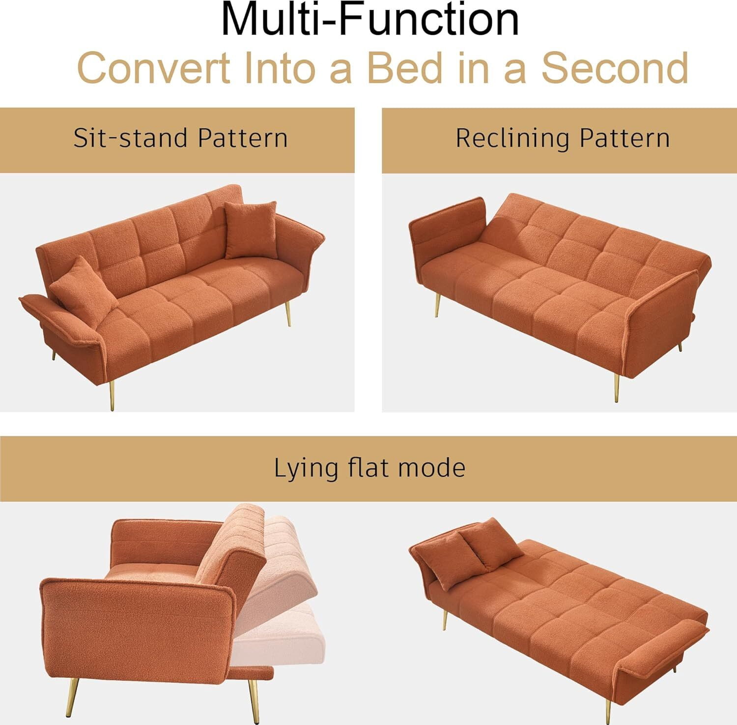AENKYO 70-in Teddy Velvet Foldable Futon Sofa Bed, 3-in-1 Adjustable Sleeper Couch, Orange