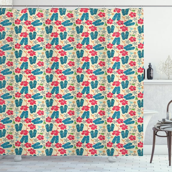 Flip Flop Shower Curtain, Exotic Summer Icons Hibiscus Flower Starfishes Martini Cocktail and Beach Sandals, Fabric Bathroom Set with Hooks, 69W X 70L Inches, Multicolor, by Ambesonne