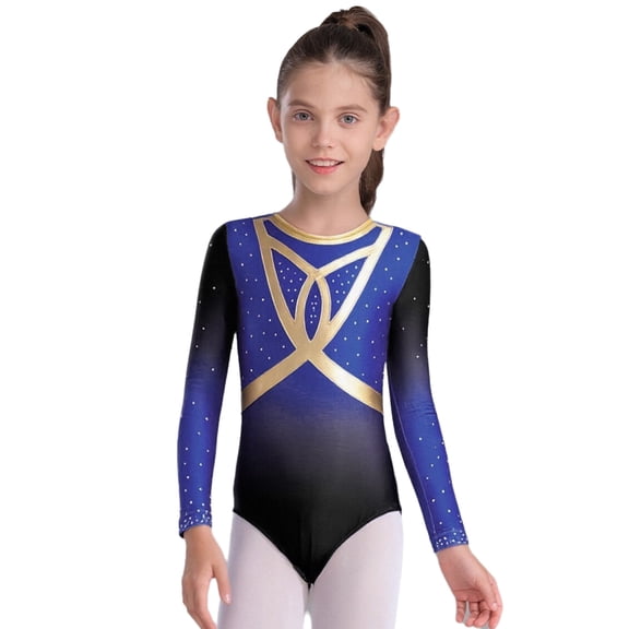 Hansber Rhythmic Gymnastics Leotard for Girls Gradient Long Sleeve Ballet Dance Top Figure Skating Bodysuit Royal Blue 16