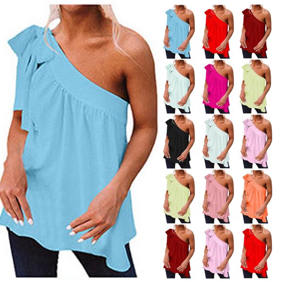 Sentmoon Womens Bandage Shirts One Shoulder Short Sleeve Tops Cute Casual Basic Oversized Summer Tops For Women 2025 Summer Saving