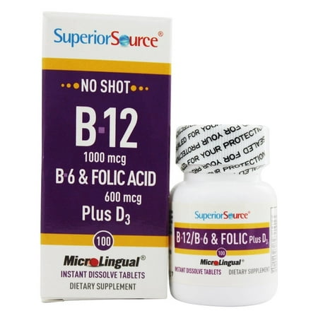 Superior Source - Non Prise de vue en B12, B6, acide folique plus D3 instantanée Dissoudre microcomprimés - 100 comprimés
