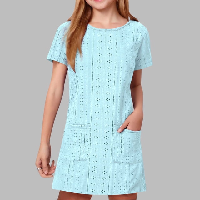 QTBIUQ Robe Ample à Manches Courtes à Col Rond de Couleur Unie pour Fille avec Doubles Poches, Décontractée, Quotidienne, Polyvalente, pour Vacances, Fête, Jeu, Ensemble d'Été, Style Mignon et à la Mode (Bleu Pâle, 7-8 Ans)