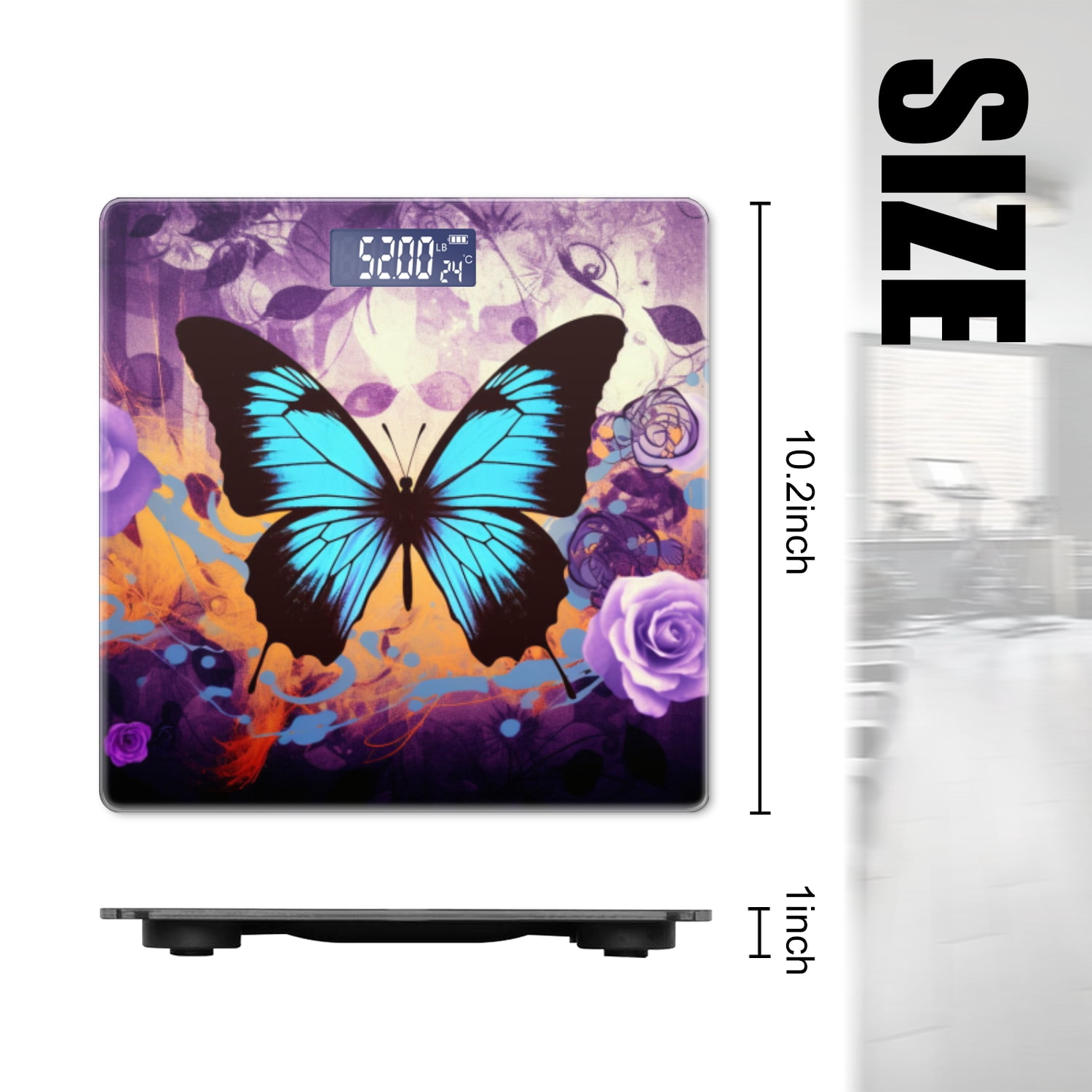 High Precision Body Weight Scale Smart Bathroom Scales with Large LCD Display(400lbs),Decorative for Bedroom-Blue Butterfly With Purple Flowers