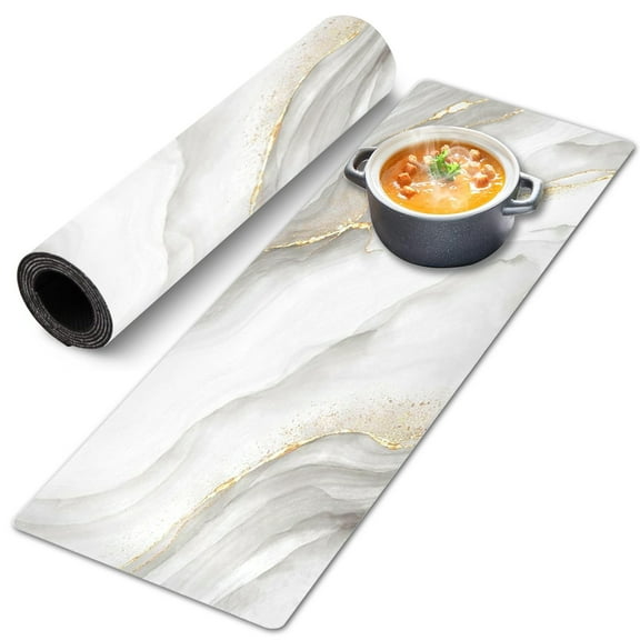 Thermo Heat Resistant Table Runner and Trivet for Hot Dishes - Waterproof Hot Plates to Protect Table and Countertop - Kitchen & Dining 350F Heat Protector 40" - White Golden Marble