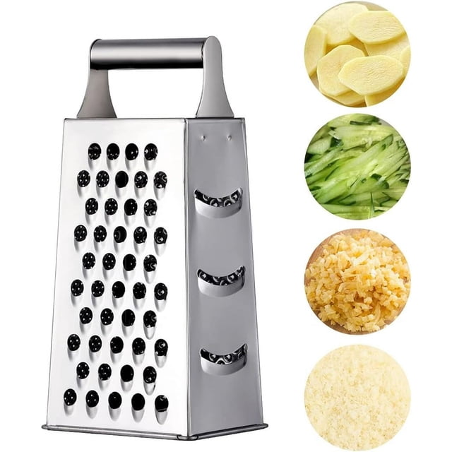 Rallador de queso, cortador de verduras de acero inoxidable con 4 lados, 9,2 pulgadas de altura, rallador de caja grande, ideal para queso rallado, jengibre y frutas, plateado