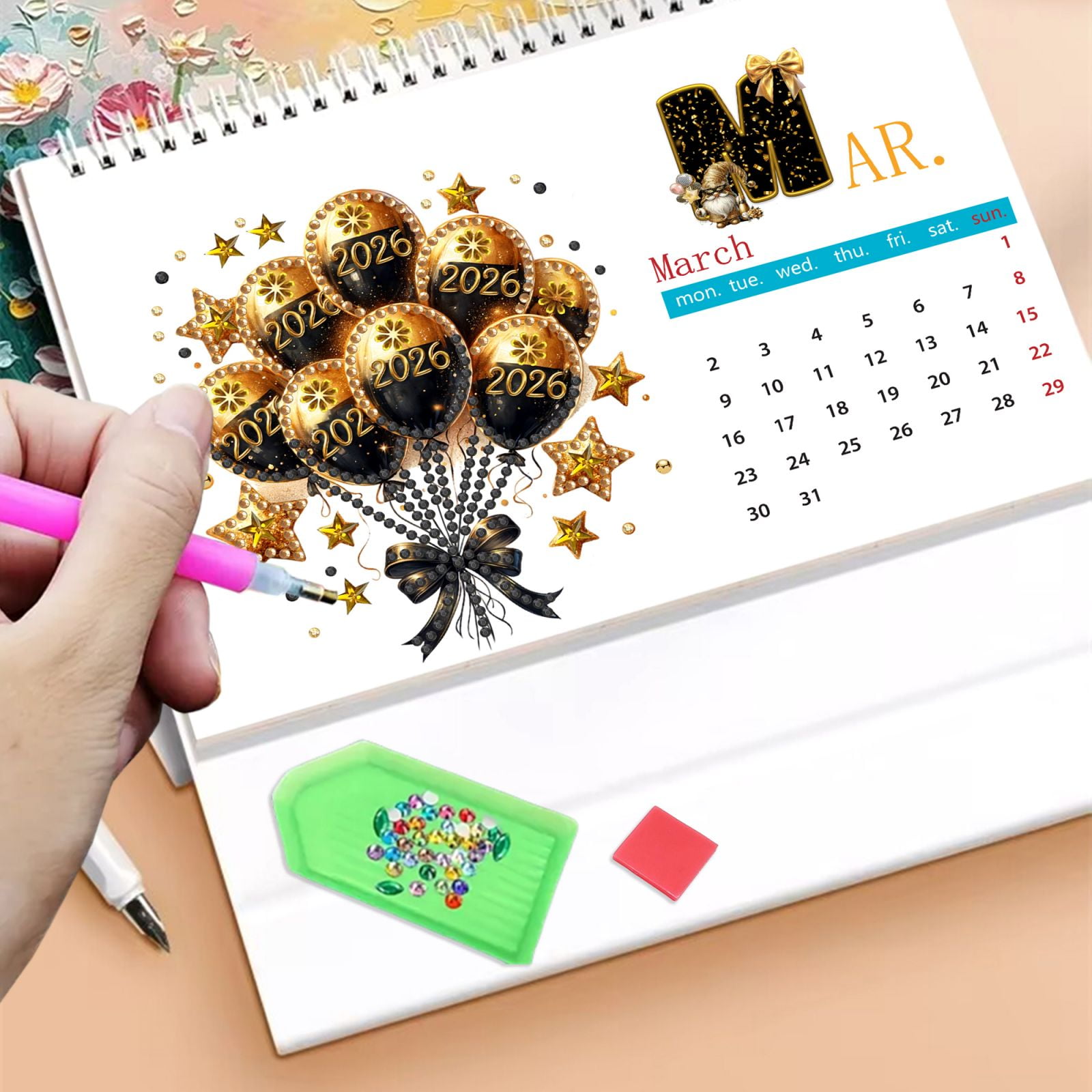 FLOPESN 2026 DIY Diamond Art Painting Desk Calendar,Thick Paper Monthly Flip Tabletop Calendar with To Do List for Home Office Planning-Happy New Year