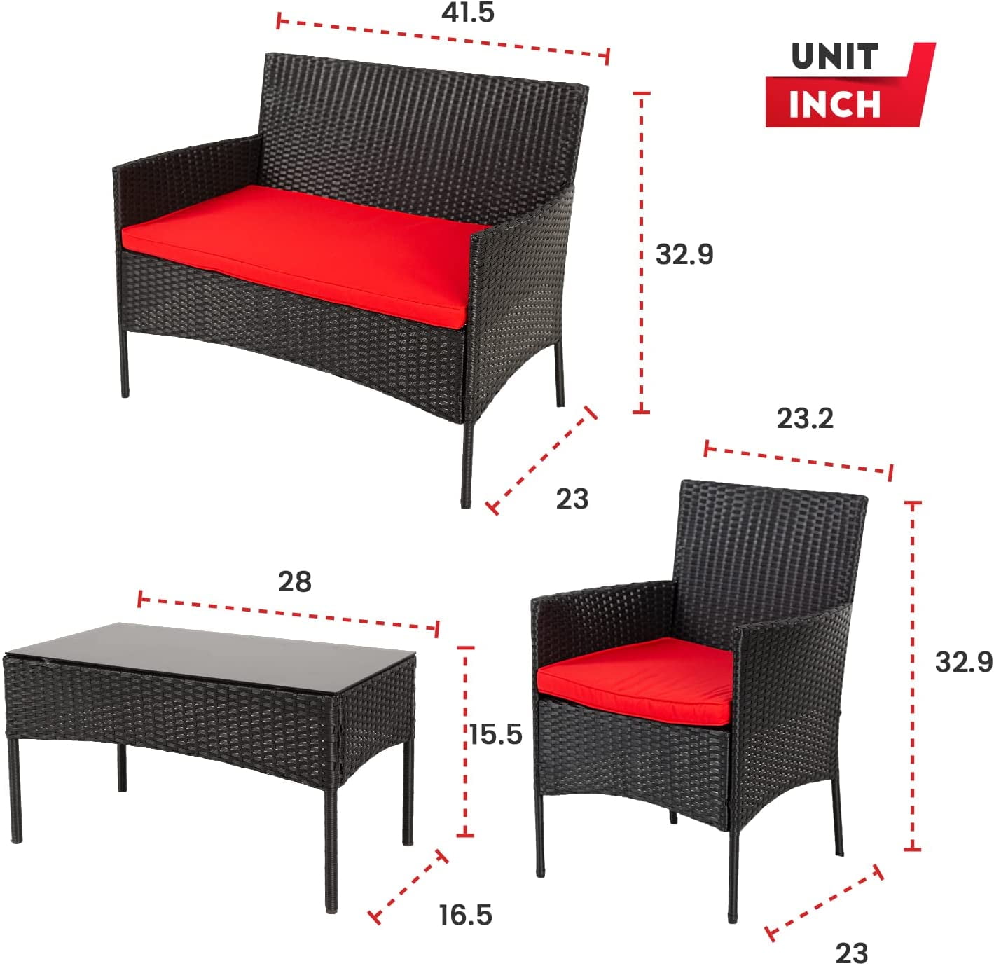 FDW 4 Pieces Outdoor Patio Furniture Sets Rattan Chair Wicker,Red