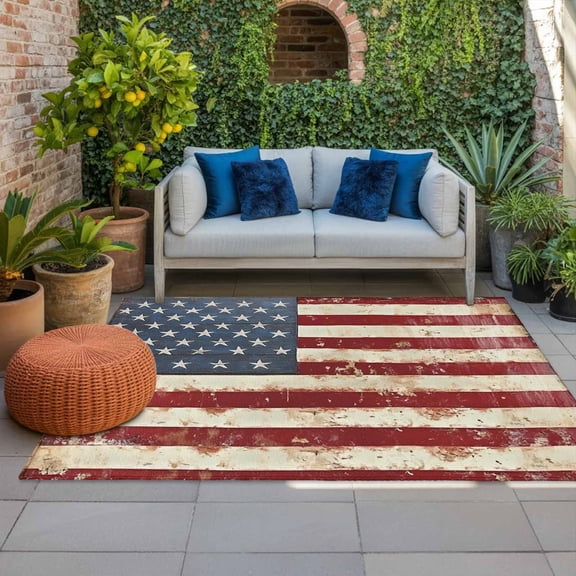 4th of July Outdoor Rug 3x5 ft American Flag Outdoor Large Area Rug Non Slip Rubber Retro USA Flag Front Door Mat RV Rug Carpet Patio Outdoor Rugs for Backyard Balcony Deck Porch Indoor