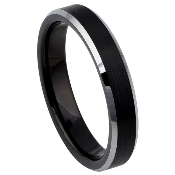 4mm Tungsten Carbide BBlack IP Plated Brushed Center High Polished Steel Color Beveled Edge Wedding band Ring for Men and Ladies
