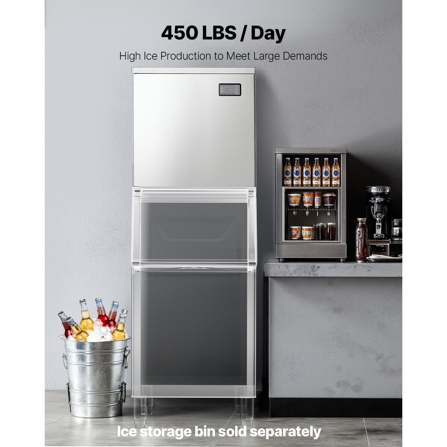KFFKFF Commercial Ice Maker Machine - 450 Lbs/Day Stainless Steel Ice Machine with Programmable Ice-Making, Self-Cleaning Function, Adjustable Ice Thickness, Suitable for Restaurants, Bars, Cafes