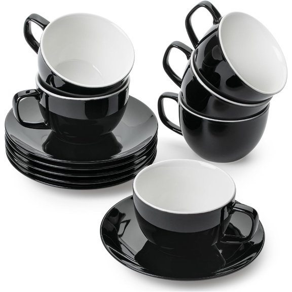 Tea Cups and Saucers with Gold Trim, Set of 12, 8oz, White Porcelain Tea Cups
