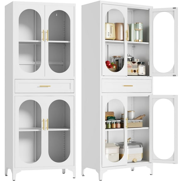 Welfiya 75" H Tall Metal Storage Cabinet,Large Kitchen Pantry Cabinet with 4 Glass Doors and 2 Adjustable Shelves,for Living Room, Dining Room and Office, White