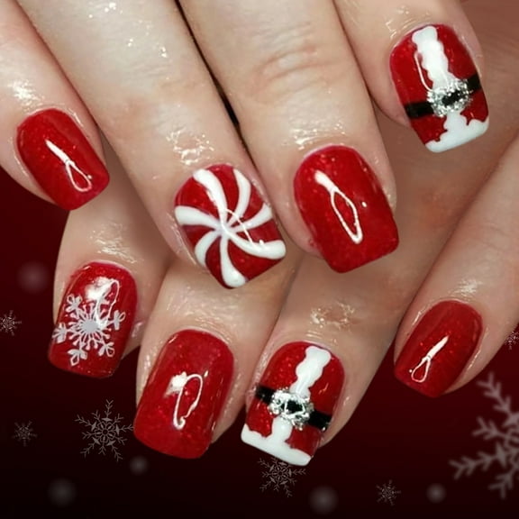 24Pieces Festive Press On Nails With Snowflake Glitters Christmas Theme Easy Apply Artificial Nails For Holiday Event