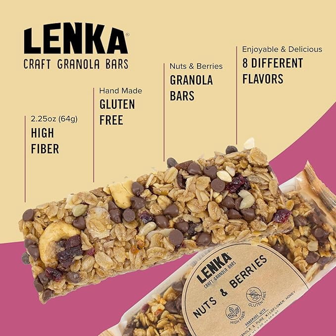 LENKA Handmade Craft Granola Bars | Nuts & Berries | Gluten Free High Fiber | Nutritious Snack Bar with Almonds, Cashews & Peanuts | 12 Pack