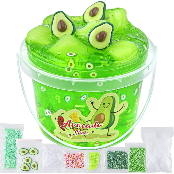 shiyou-Clear Slime, Green Avocado Clear Jelly Cube Glimmer Crunchy Slime with 8 Add-ins, Stress Relief Toy, Kids Party Favors, Birthday Christmas New Year Easter Gifts for Girls and Boys Age 6 7 8 9
