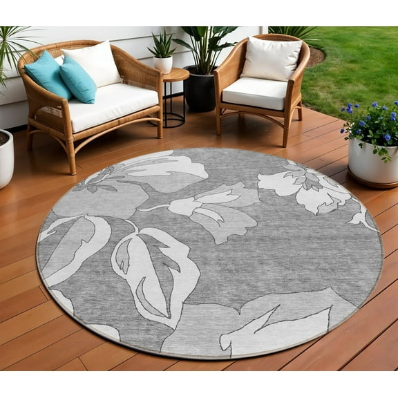 HomeRoots 589538 8 ft. Round Floral Washable Indoor & Outdoor Area Rug, Gray & Silver
