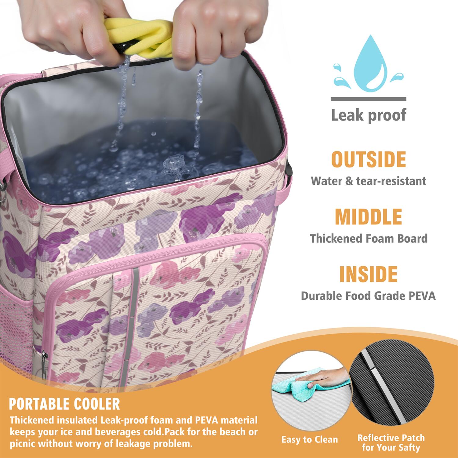 Travel Cooler Bag - Pioneer Flower Floral Print Pattern Camping Beer Cooler Backpack with Bottle Opener- Waterproof Insulated Picnic Backpacks - Cooler Bag for Beach