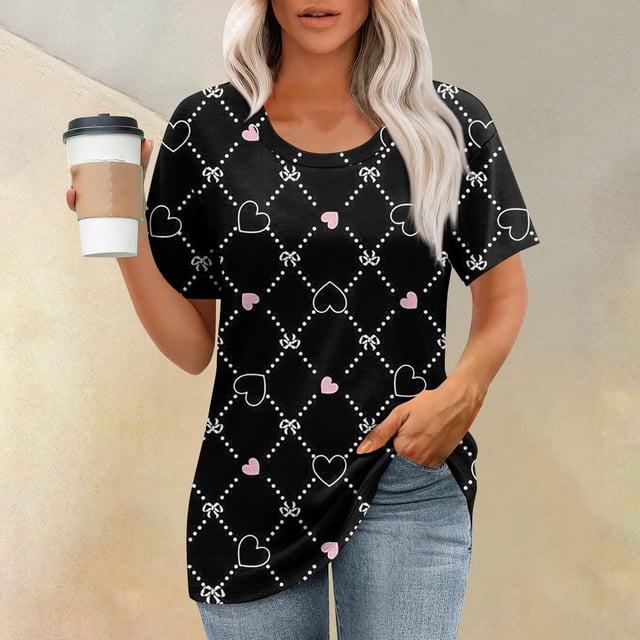 Puntoco Liquidación de blusas cortas para mujer Blusas estampadas de moda para mujer Camiseta de manga corta Cuello redondo