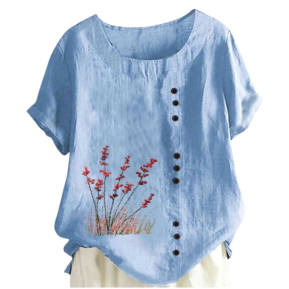 Ecqkame Women's Flowers Printed T-Shirts Short Sleeve Round Neck Button Blouses Lightweight Fashion Casual Summer Tops Sky Blue S