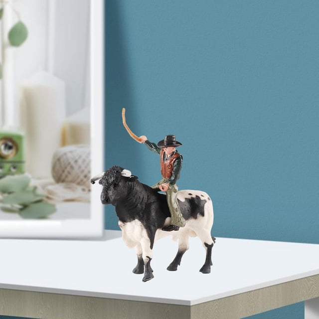 Modelo de granja de simulación, figura de equitación de ganado en miniatura, juego de rol de vaquero con estatuilla de toro para diseño de Diorama, Pie de CUTICAT Estatuilla de monta de toros
