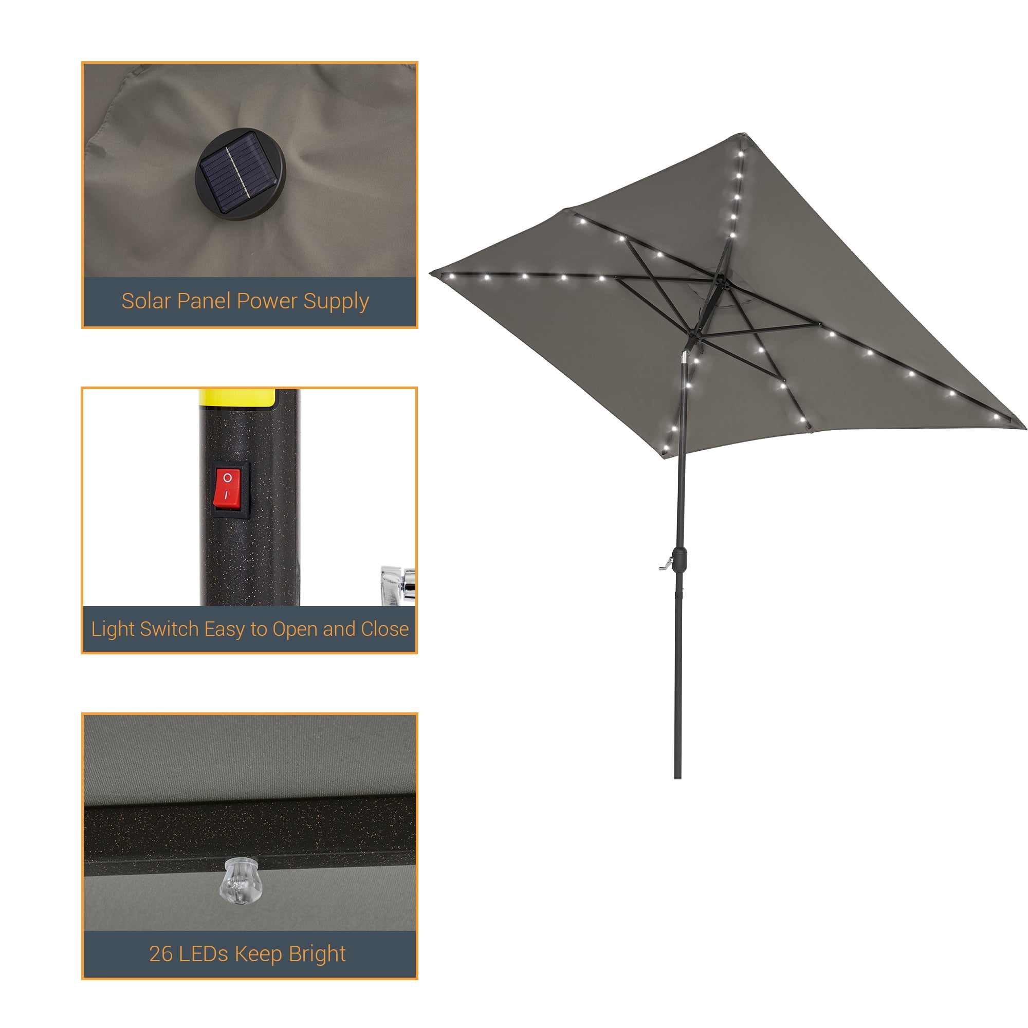 ACEGOSES 10x 6.5ft LED Solar Outdoor Patio Rectangle Table Umbrellas with Non-Fading Canopy for Garden and Yard,Gray