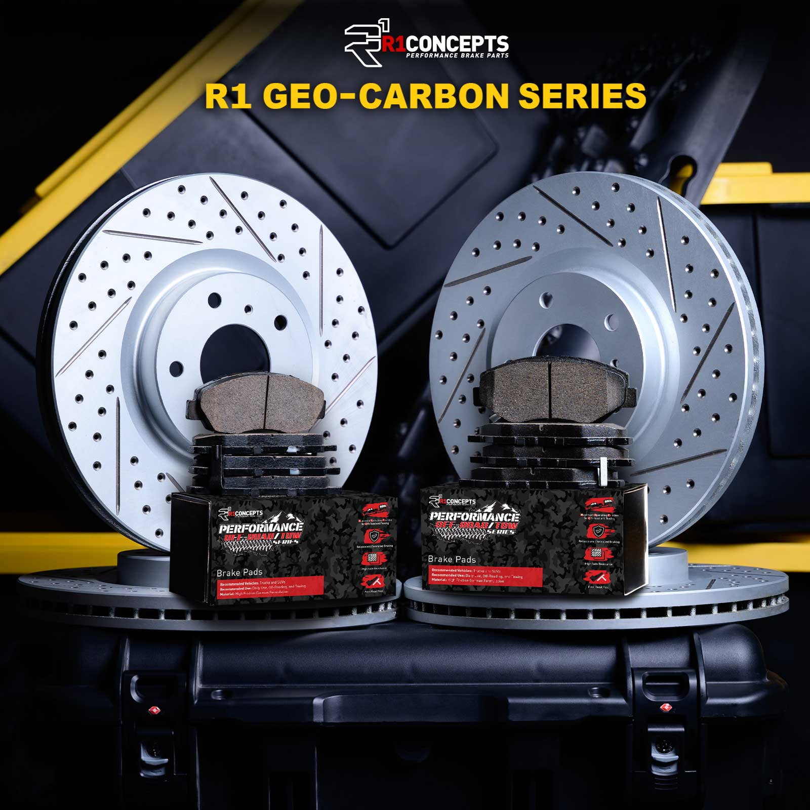 R1 Concepts Drilled and Slotted Carbon Coated Disc Brake Rotor Set with Off-Road/Tow Brake Pads WBVN2-67004