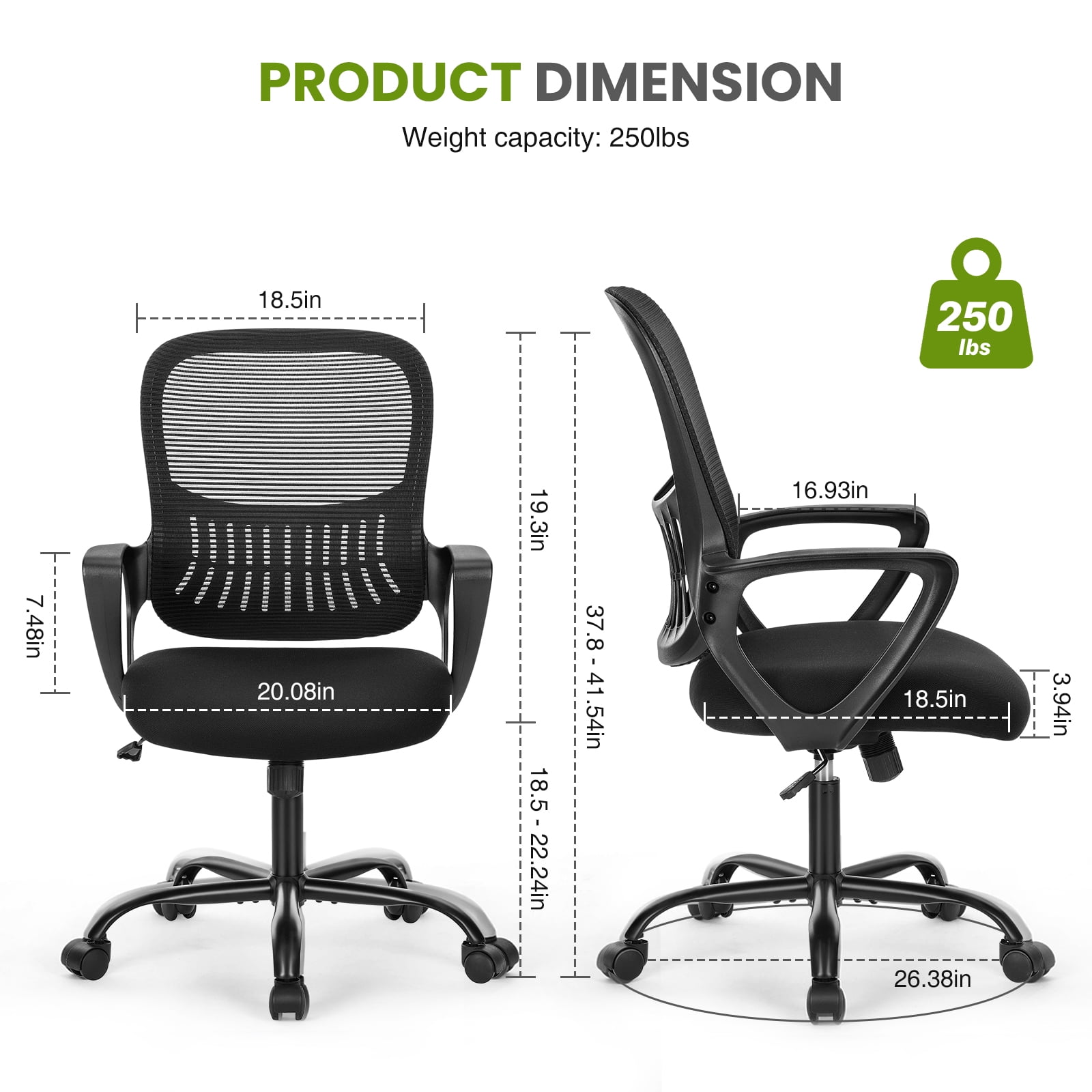 GIANNA Office Chair, Ergonomic Home Mesh Office Desk Chairs, with Armrests, Wheels and Mid-Back Task Chair with Lumbar Support，Black