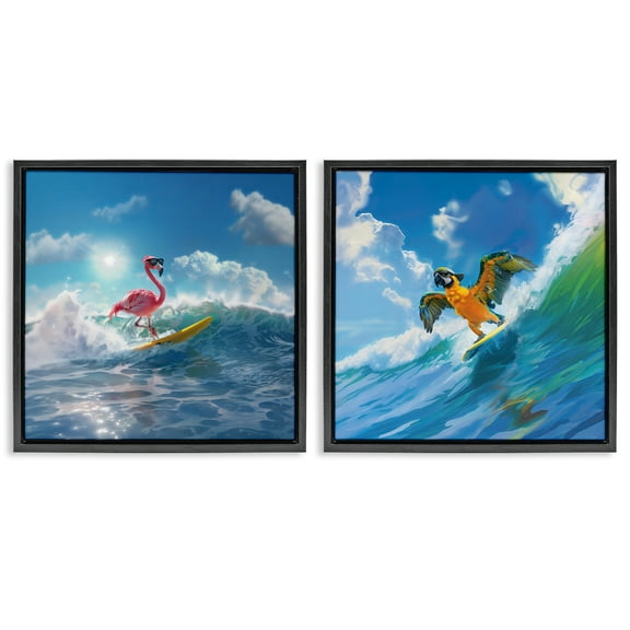 Stupell Industries Parrot & Flamingo Surf Nautical & Beach Painting Black Floater Framed Canvas Art Print Wall Art, 18 x 18, Set of 2
