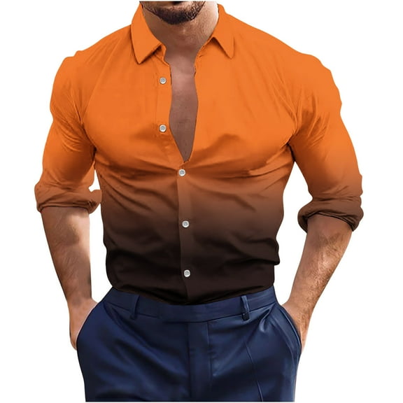 IROINNID Long Sleeve Shirts for Men Leisure Gradient Shirt 3D Non Positioning Printed Shirt Hawaiian Beach Regular Shirt Top Blouse Deals,Orange