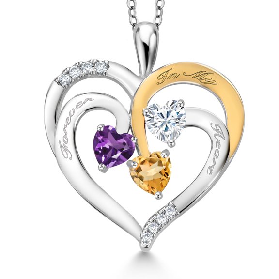 Gem Stone King Two Tone Purple Amethyst White Moissanite Yellow Citrine `Forever in My Heart` Engraved Pendant Necklace for Women (1.30 cttw, Heart Shape 5MM, 18 inch Chain)