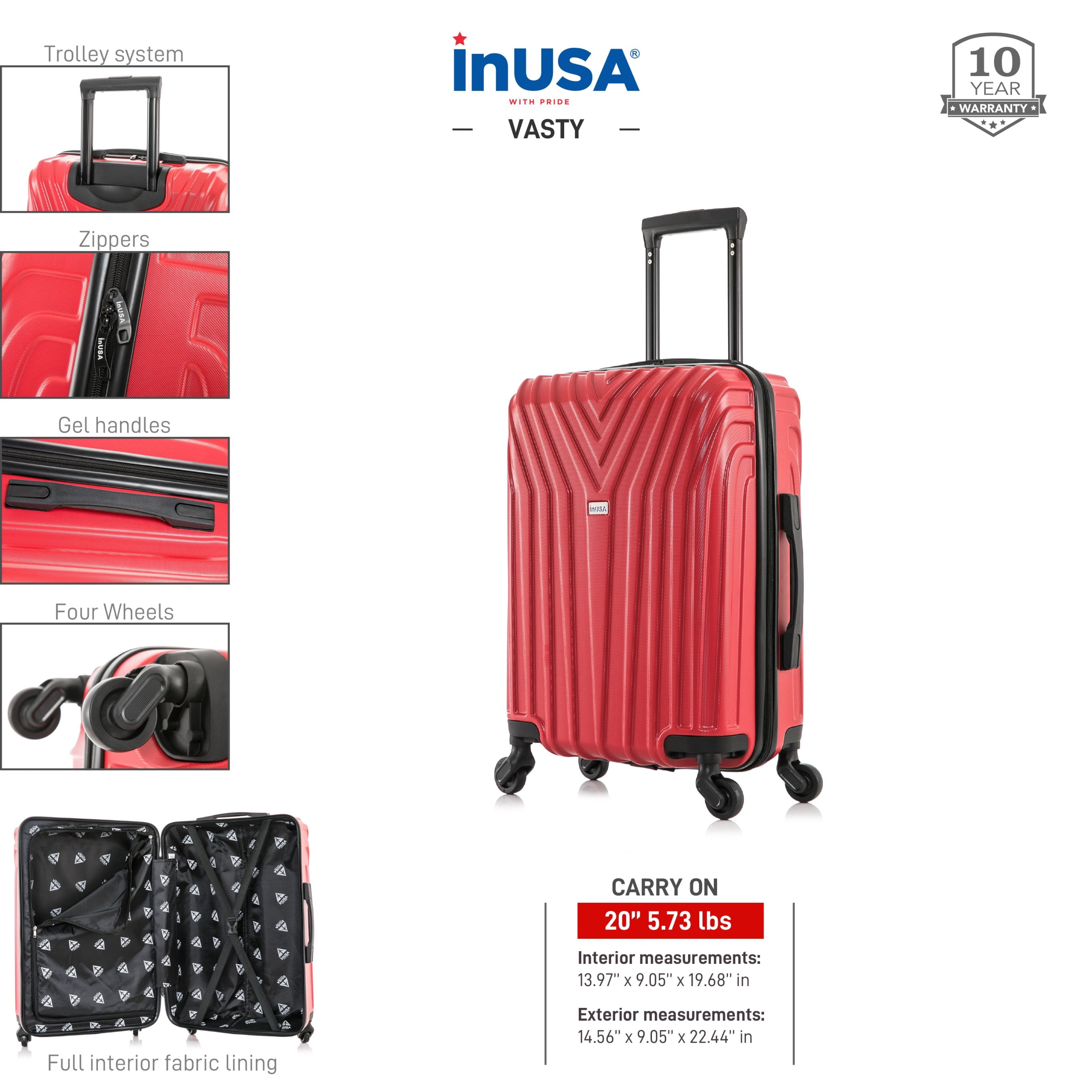 InUSA Vasty 20" Hardside Lightweight Luggage with Spinner Wheels, Handle, and Trolley, Red