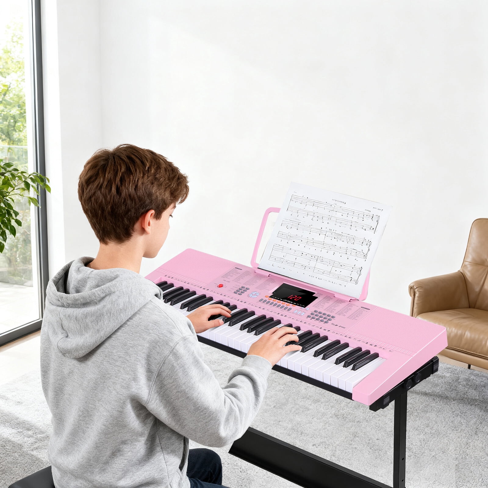 ZENSTYLE Electronic Keyboard 61 Key Electric Digital Music Piano Organ with Stand Headphones Microphone Portable Pink